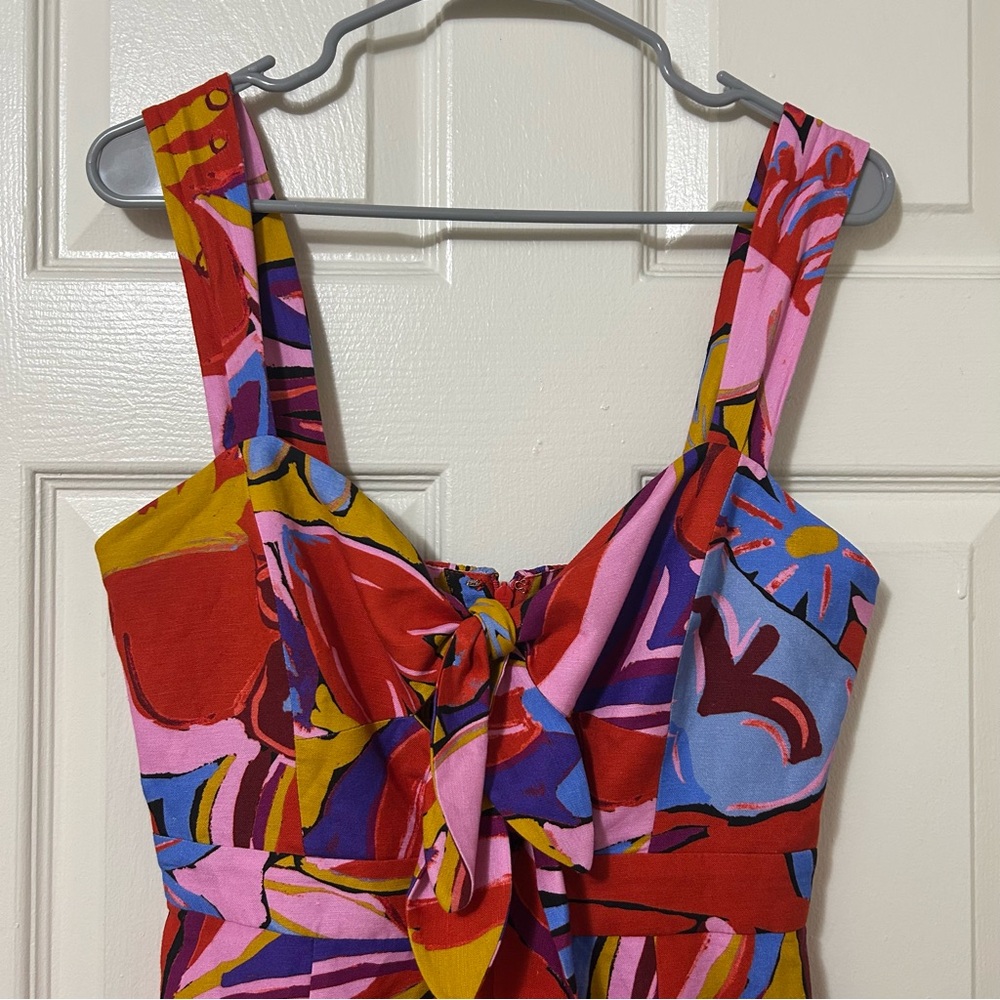 REBECCA VALLANCE Positano Tie-front Printed Linenblend Mini Dress in Pink Size 4 - Picture 5 of 13